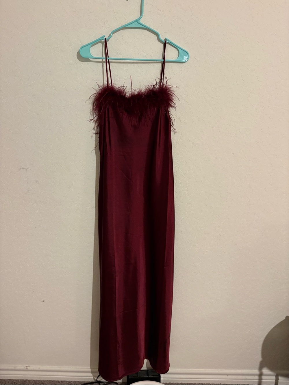 Burgundy Feather-Trim Slip Maxi Dress
